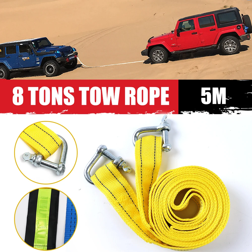 

Car Tow Strap Racing Auto Winch Rope Nylon 5M 8Tons Recovery Towing Cable Strap Belt Heavy Duty Off Road Accessories Metal Hooks