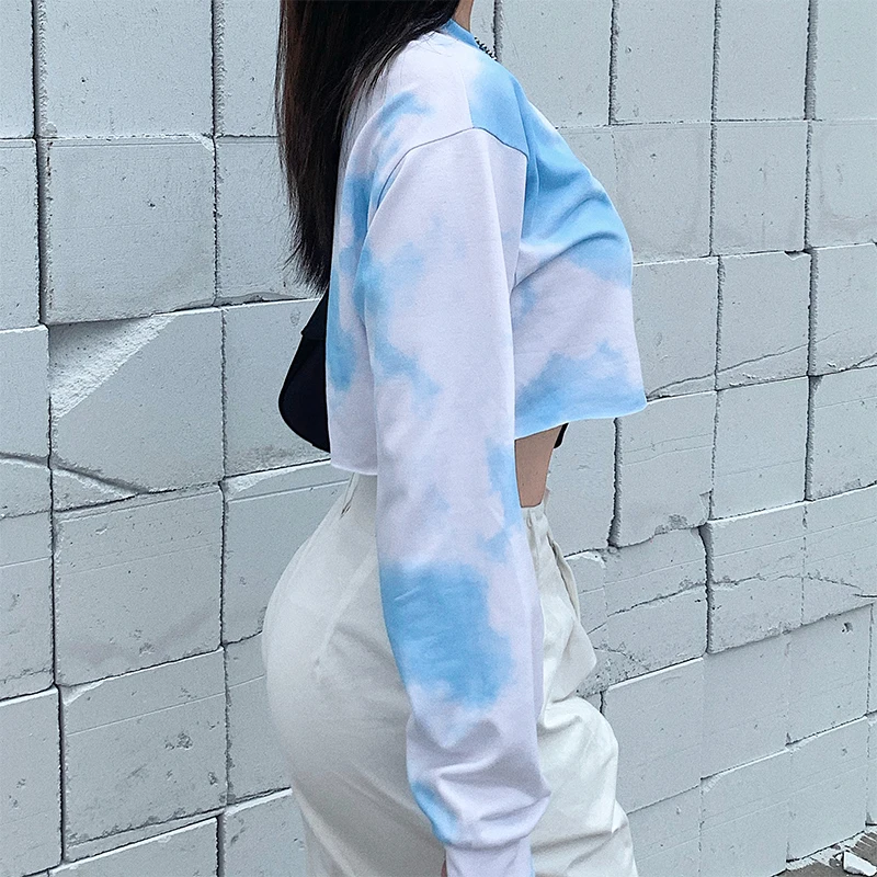 2021 New O-Neck Long Sleeve Pullovers Tracksuit Clothes Tie Dye Harajuku Oversized Sweat Crop Top Women Short Sweetshirts