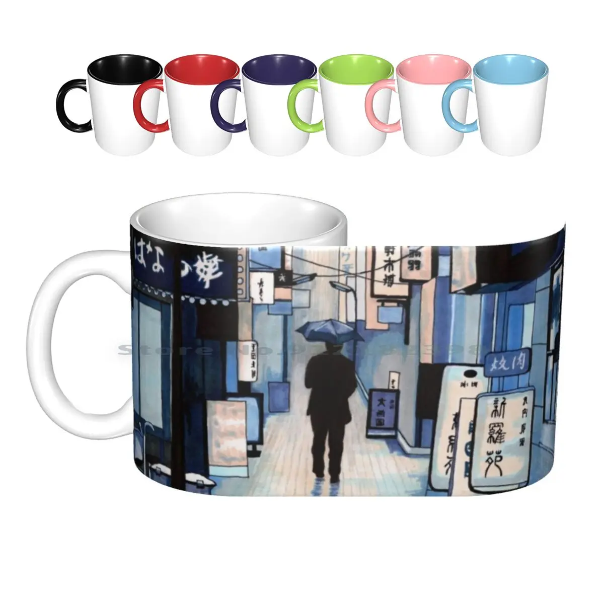 

Rainy Day Ceramic Mugs Coffee Cups Milk Tea Mug Rain Rainy Day City Street Night Umbrella Japan Japanese Kanji Anime Comic Dark