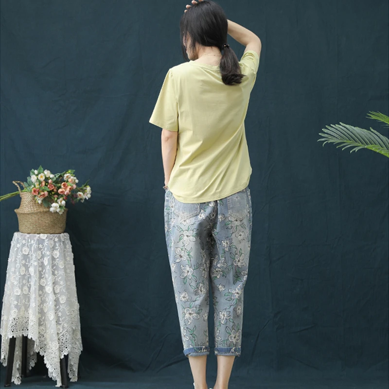 2020 летние тонкие винтажные джинсы с цветочным принтом женские пляжные Капри