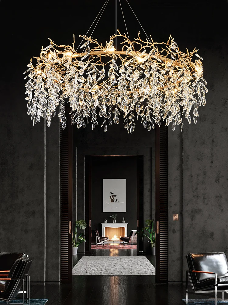 

Modern Luxury Crystal Chandeliers Copper Long/Round Hanging Lamp for Dining Living Room Hotel Hall Art Gold Light Fixture Decora