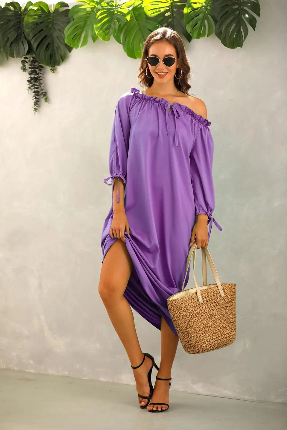 

Autumn Plus Size Women Loose Long Dress Long-Sleeve Slash Neck Solid Casual Dresses