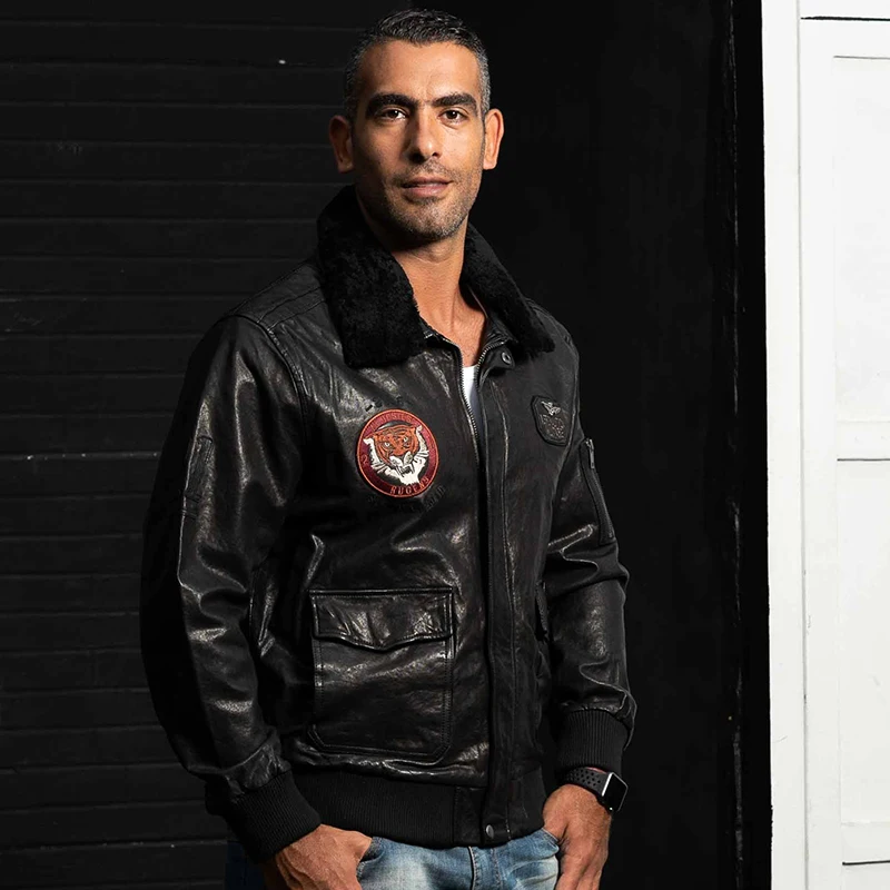 Полета air force меховой воротник натуральная кожа мужские стройная фигура короткий