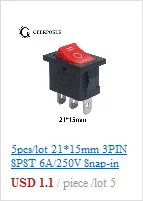 10 шт./партия KCD1 15*10 SPST 250V 3A 2 Pin Красный переключатель для лодки кнопка включения выключения