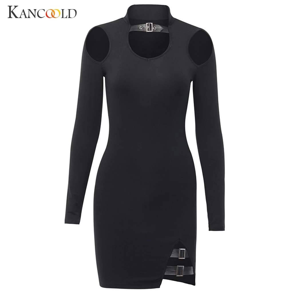 Женское платье с длинным рукавом готическое однотонное круглым вырезом и