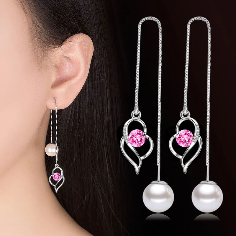 NEHZY 925 Sterling Silver Women's Fashion Long Tassel Earrings with Crystal Zircon Pearl and Heart Design image 4