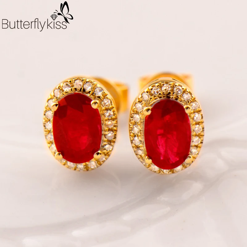 

BK 18k Genuine Gold 585 Stud Earrings For Women Natural Ruby Gemstone 1.78g Yellow Gold Diamond Wedding Luxury Jewelry