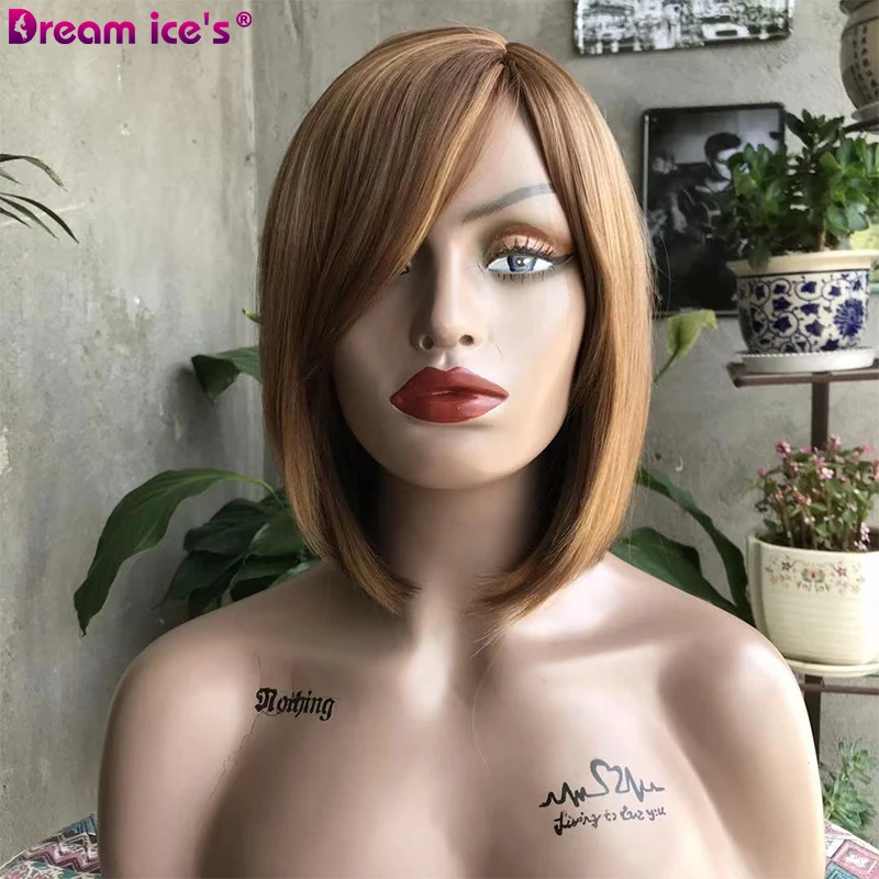 Synthetic Medium Straight Layered Bob Wig Ombre Brown Blonde Hair Middle Part For Women Heat Resistant Cosplay Wig Dream Ice's