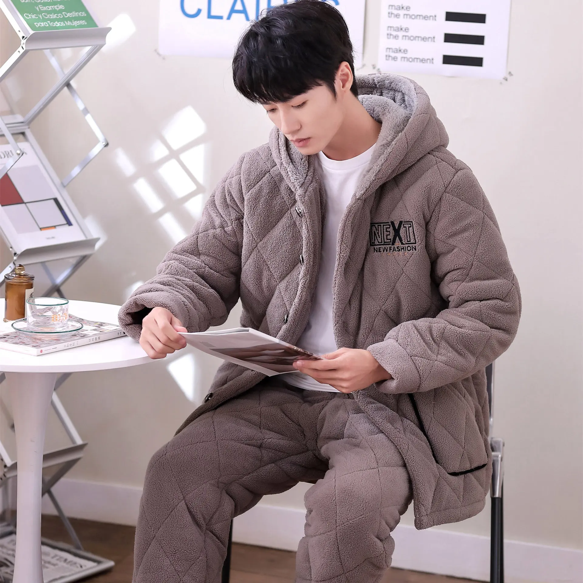 

MEN 2PCS Pajamas Set Thickened Casual Nightwear Shirt&Pants Coral Fleece Home Clothes Warm Sleepwear Lounge Wear Hooded Homewear