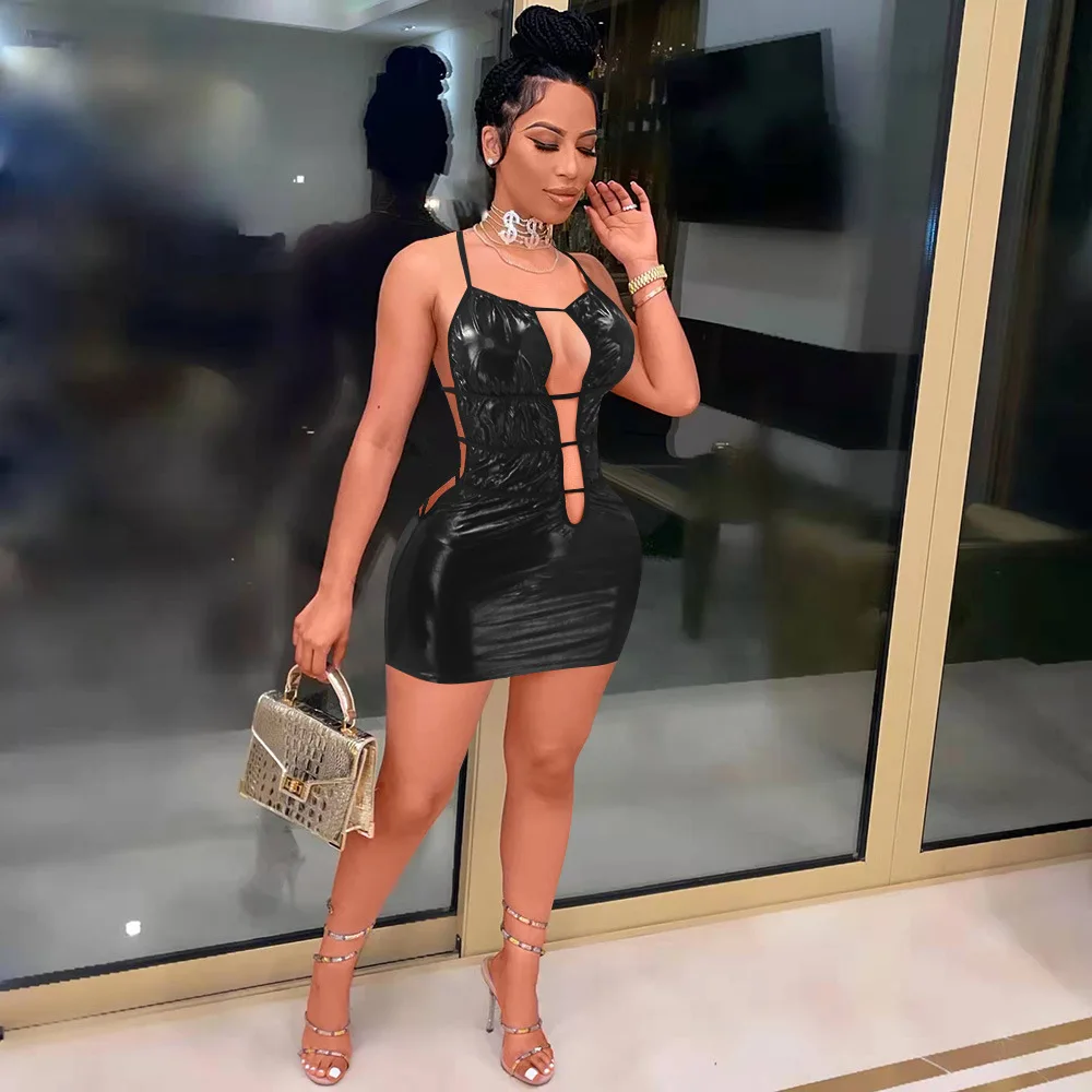 

Sexy Women Dress Pu Leather Bandage Cross Hollow Out Solid Color Party Night Clubwear Dresses For Women Vestidos