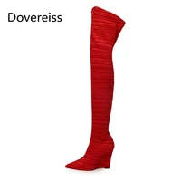 dovereiss fashion shoes for woman winter sexy pure color red pointed toe elegant over the knee boots mature 34 43