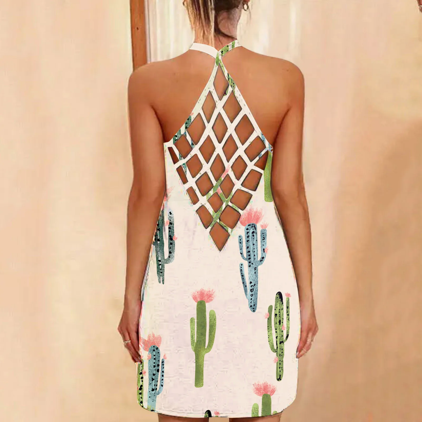 

Shirt Dresses Womens Sunflower Flower Print O-Neck Sleeveless Sexy Backless Fashion Summer Spaghetti Strap Loose Tank Dress 2021