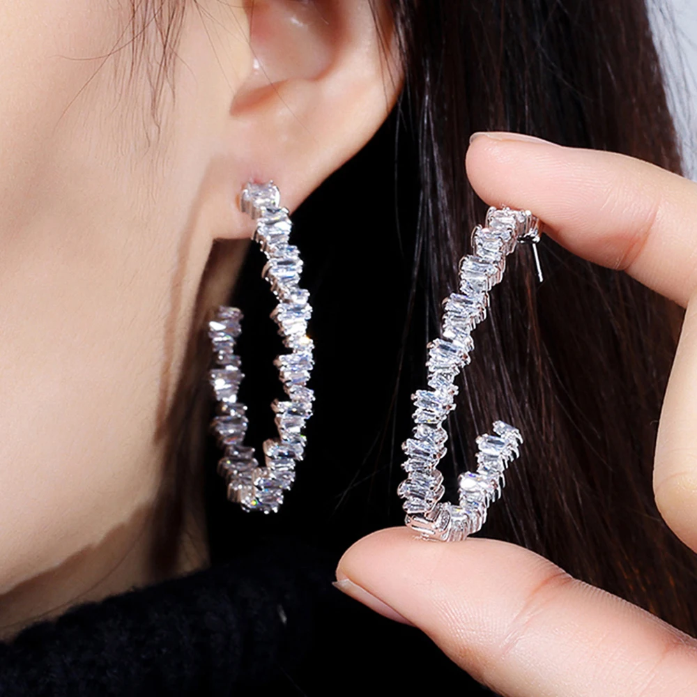 

New Trendy Women Hoop Earrings Silver Color/Rose Gold Color Irregular Shiny Cubic Zircon Elegant Female Earring Fine Gift