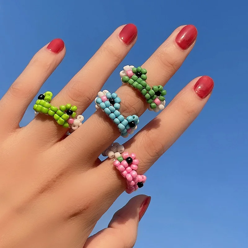 

2021 New Multi-color Little Frog Ring Bohemia Hand-woven Bead Ring Rice Beads Ring Women Girls Jewelry Small Fresh Cute Ring
