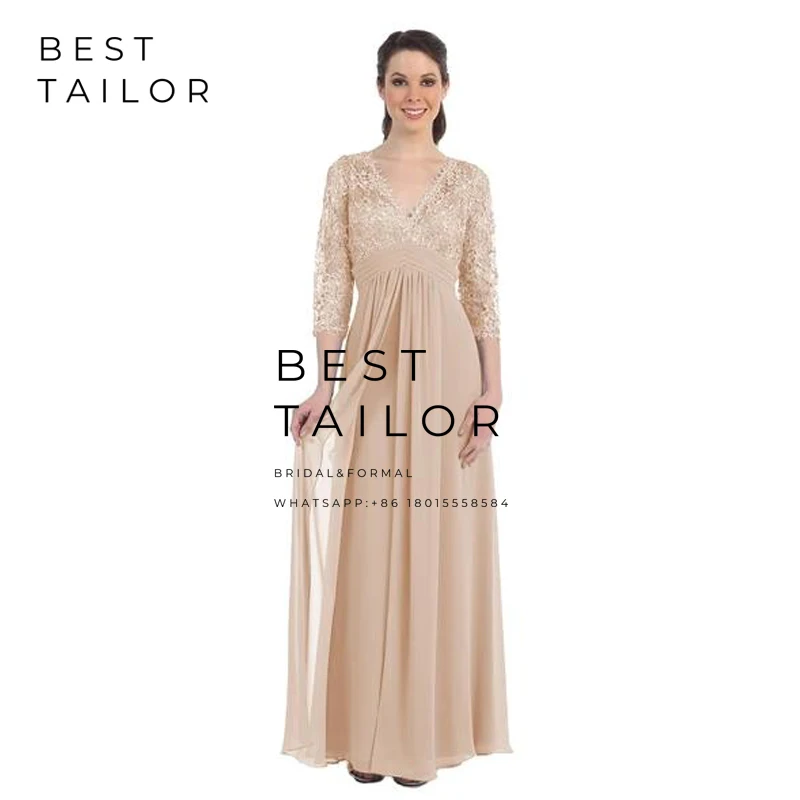 Платья для мамы невесты 2021 года на свадьбы Серебряная полная длина длинное платье с V-образным вырезом и 3/4 рукавами из шифона имперского стиля Kurti Vestido de Madrinha.