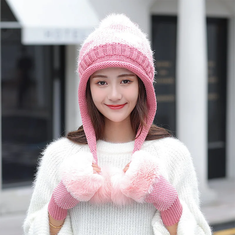 Зимняя вязаная шапка из шерсти теплое маскировочное воротник три набора Плюс бархатное утолщение для женщин мяч шапки шарф девушки холодный аксессуар на погоду.
