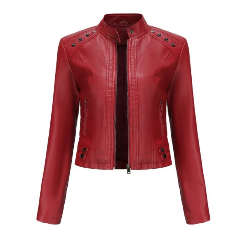 Women's rivet leather jacket short coats spring autumn long-sleeved  thin stand collar fashion new style abrigos mujer invierno