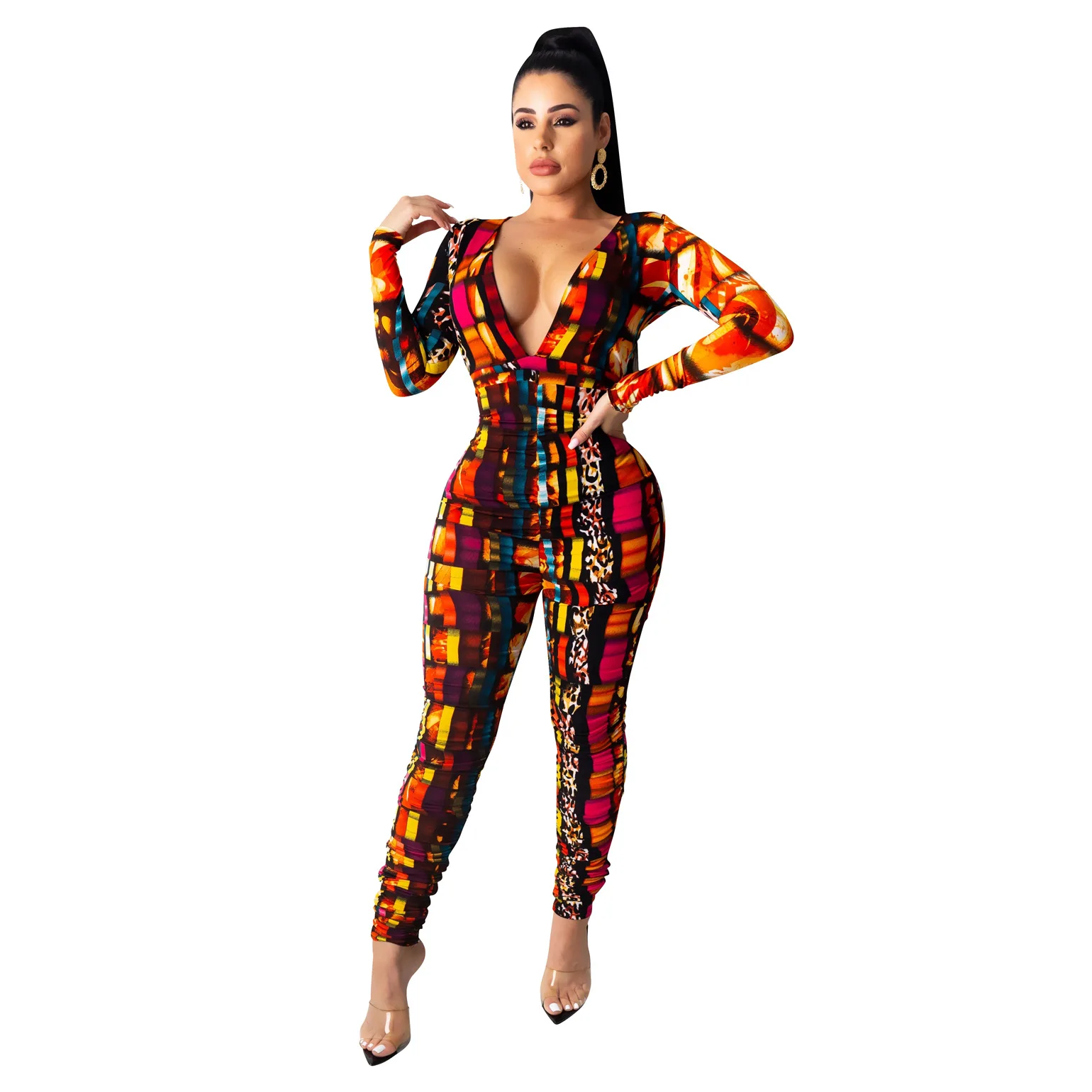 

Autumn Long Sleeve Bodysuit Women Sexy Deep V Neck Multicolor Geometric Leopard Print Pleated Jumpsuit Women Party Club Rompers