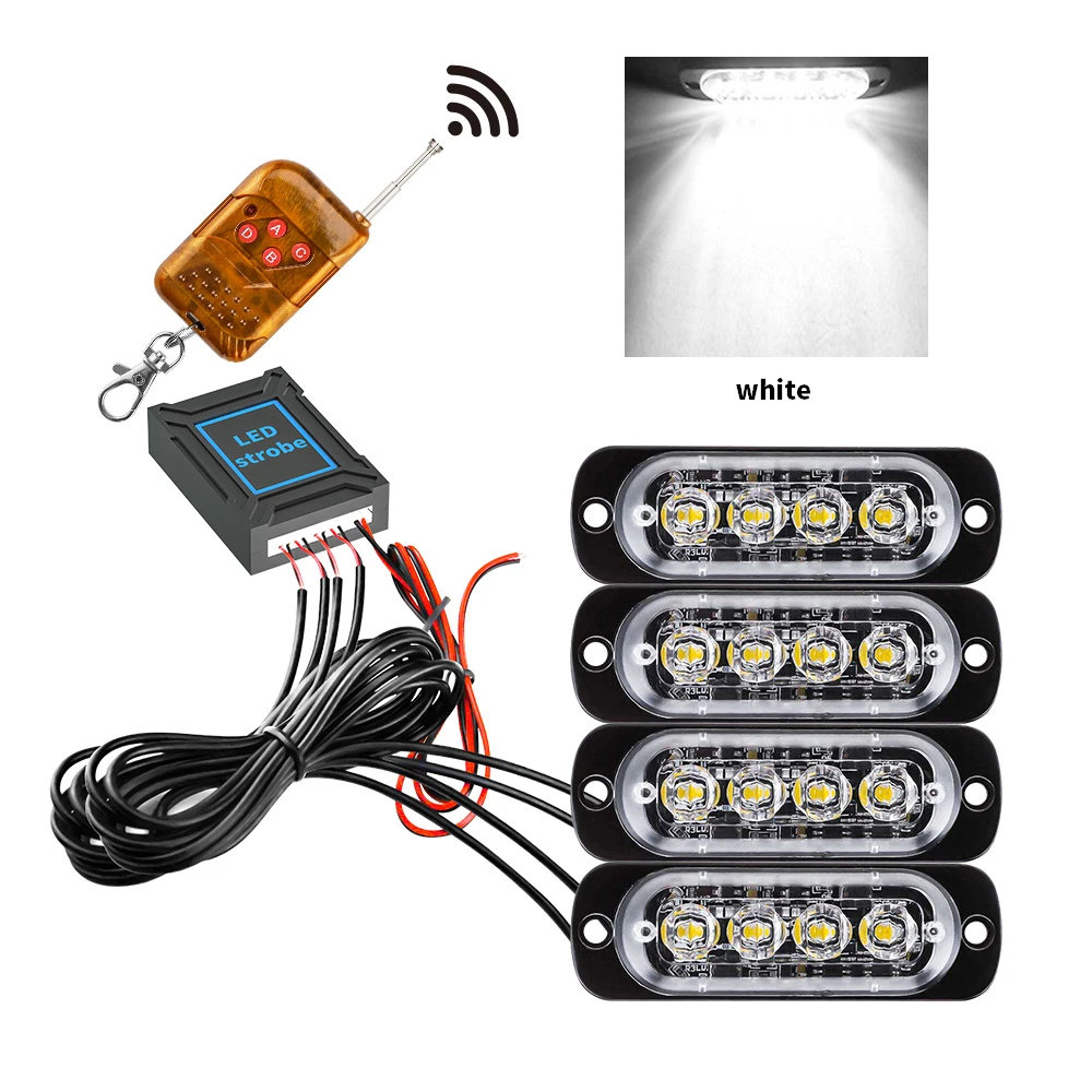 

4LED Car Side Marker Lights Grille Lights 16Modes Warning Emergency Lights for Trucks DC12-24V Strobe Lights with Remote Control