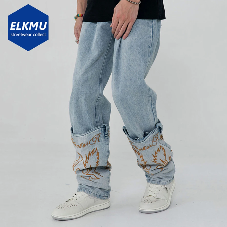 

Мужские модные синие джинсы с вышивкой, уличная одежда в стиле Харадзюку, мешковатые джинсовые брюки в стиле хип-хоп