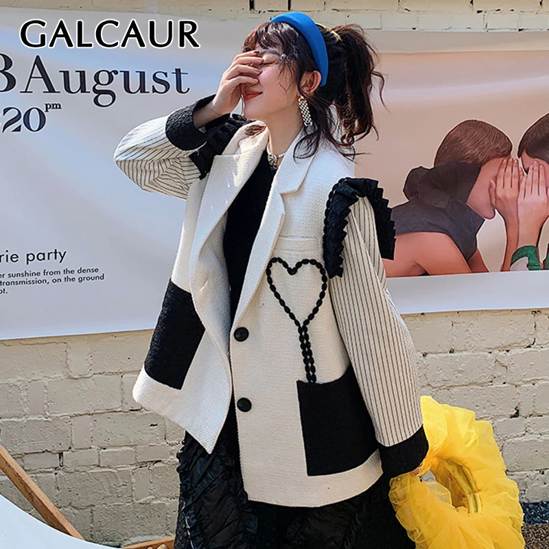 

GALCAUR Vintage Print Colorblock Blazers For Women Notched Collar Long Sleeve Single Breasted Jackets Female Korean Fashion New