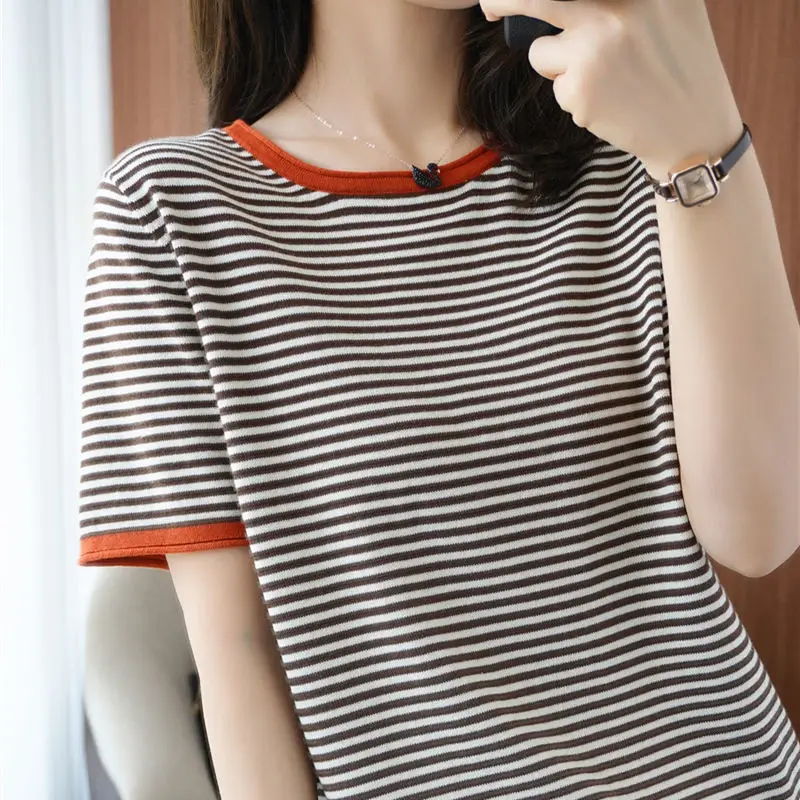 

Cotton T-shirt round neck stripe Pullover short sleeve women's loose and versatile 2021 summer