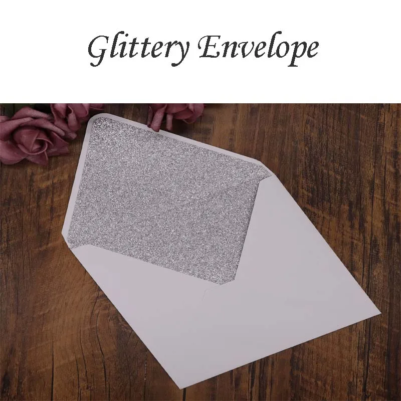 Glittery envelope 50 шт./лот) Лазерная резка розы свадебные приглашения три раза Серебряный Блестящий настроить День рождения открытки для ответа на приглашение IC132 - Color: Glittery envelope