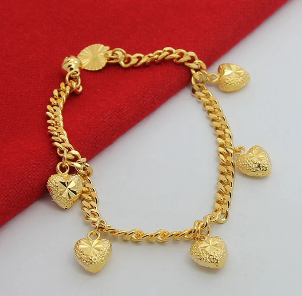 

Heart Link Wrist Chain Lovely Charm Bracelet Yellow Gold Filled Solid Fashion Womens Girls Bracelet Gift