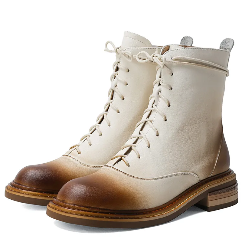 Женские ботильоны из коровьей кожи высокого качества на шнуровке с круглым