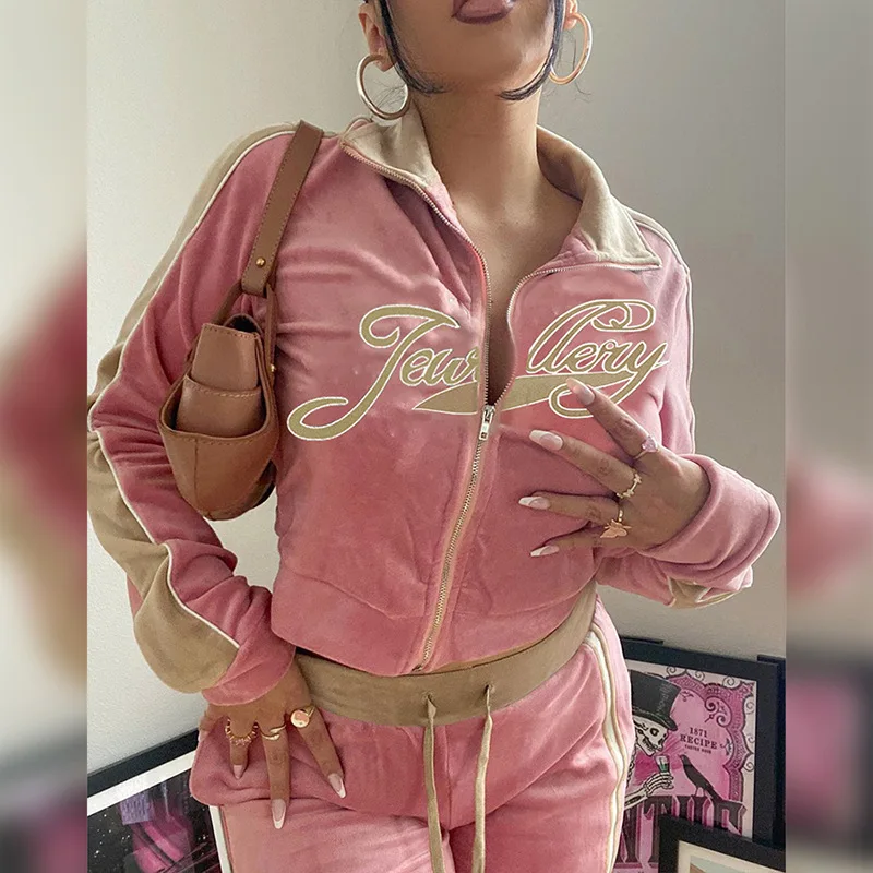 

Y2K Women Tracksuit Print Velvet Two Piece Outfit Sweatshirt+Straight Sweatpants Matching Set Fitness Sporty E-girl Streetwear