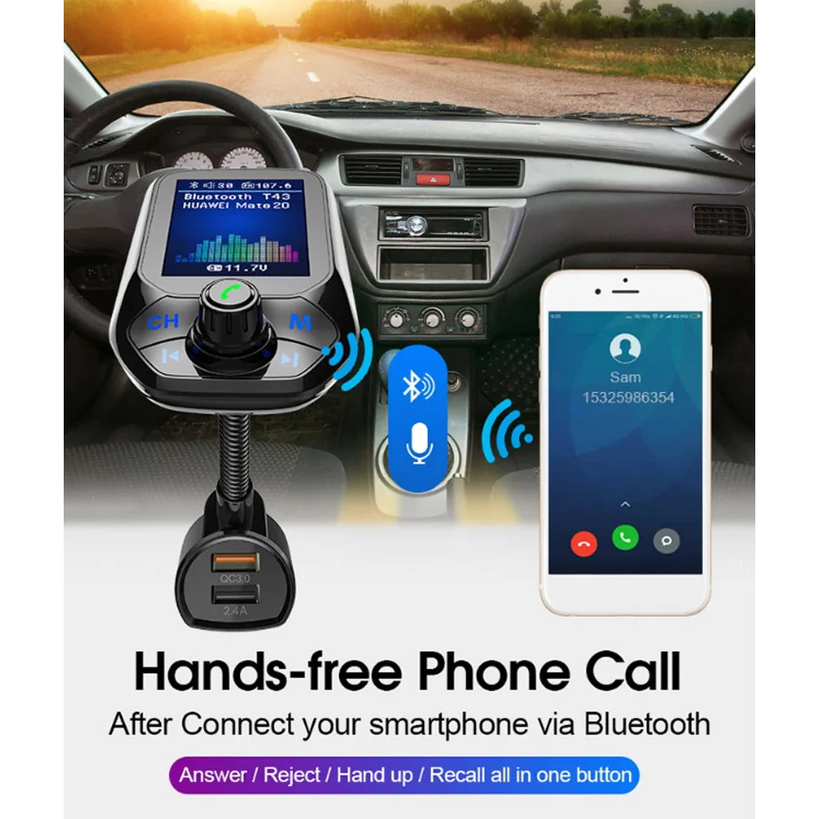 AGETUNR 1," TFT цветной дисплей QC3.0 Быстрая зарядка AUX Bluetooth автомобильный комплект громкой связи fm-передатчик MP3 музыкальный плеер 3 USB порта