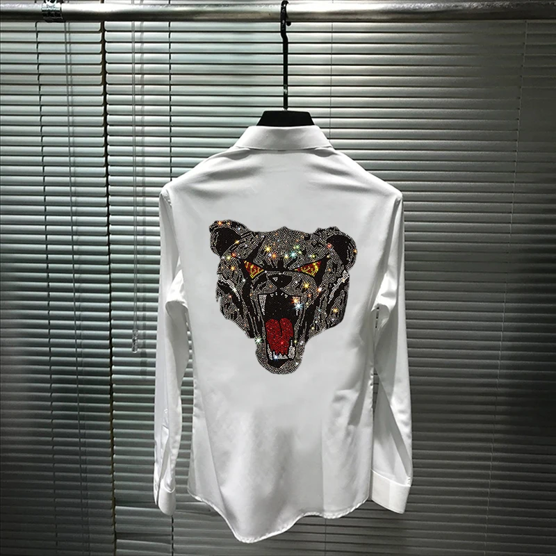 Trend Spring Men's T-Shirt Hot Rhinestone Style Button Design Long Sleeve Slim Formal Fall