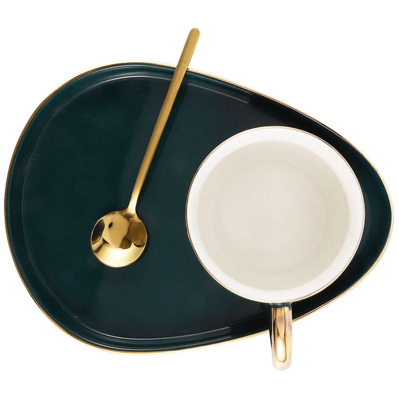 Japanese Style Luxury Ceramic Cup with Plate Creative Gold Coffee Mug Snack Dish Set Simple English Afternoon Tea Spoon | Дом и сад