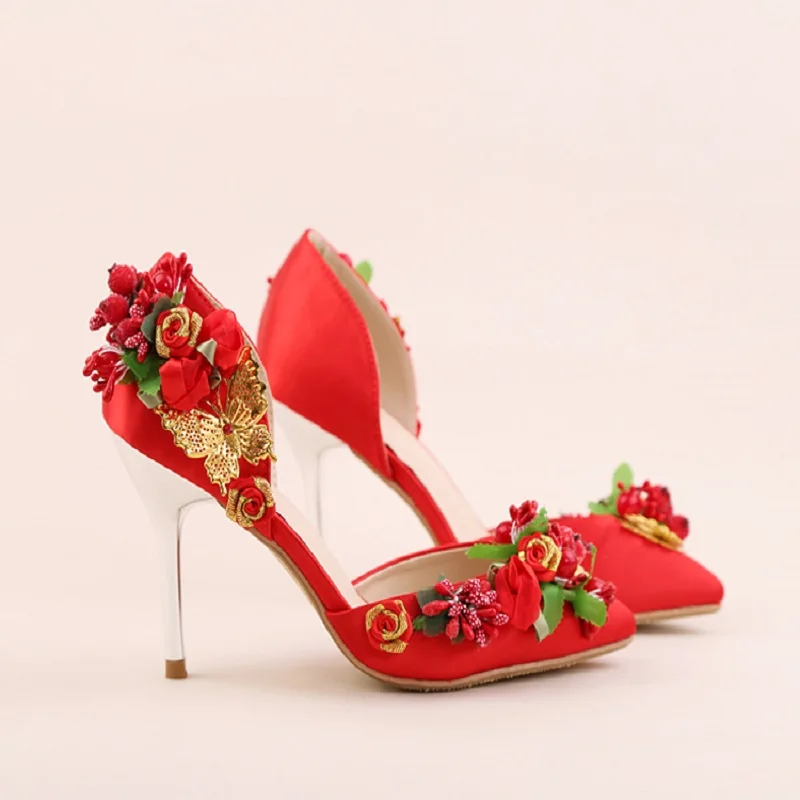 Red satin bride ultra high heel stiletto hollow flower dress wedding shoes female sandals 2019 summer new style | Обувь