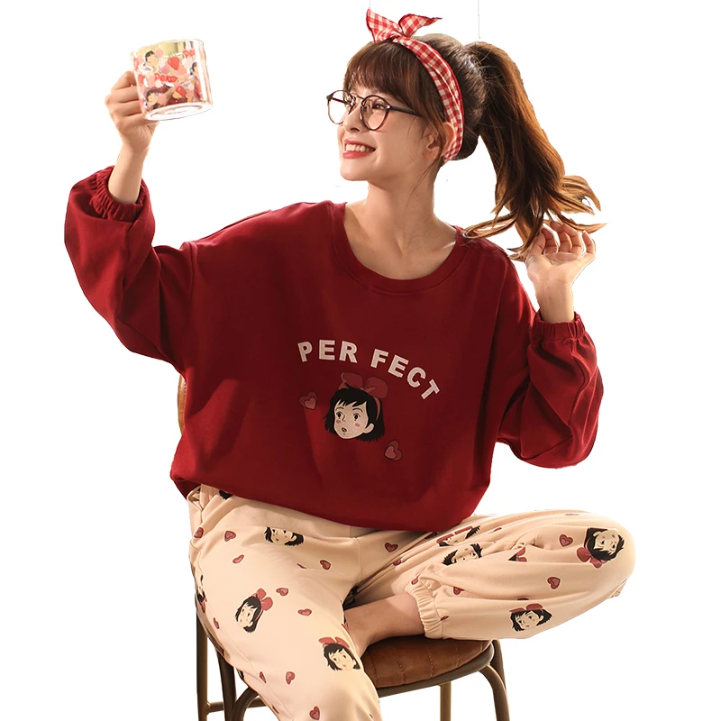 

Women Autumn and Winter Pajamas Set Cotton Sleepwear Loose Home Service Pyjama Femme Full Length Night Suit Homewear