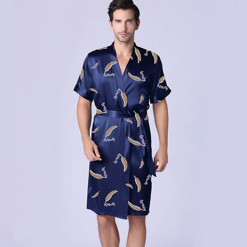 

Summer Men'S Nightgown Ice Silk Thin Silk Robes Short-Sleeved Home Service Men'S Summer Bathrobe Mid-Length Sleepwear Nighties