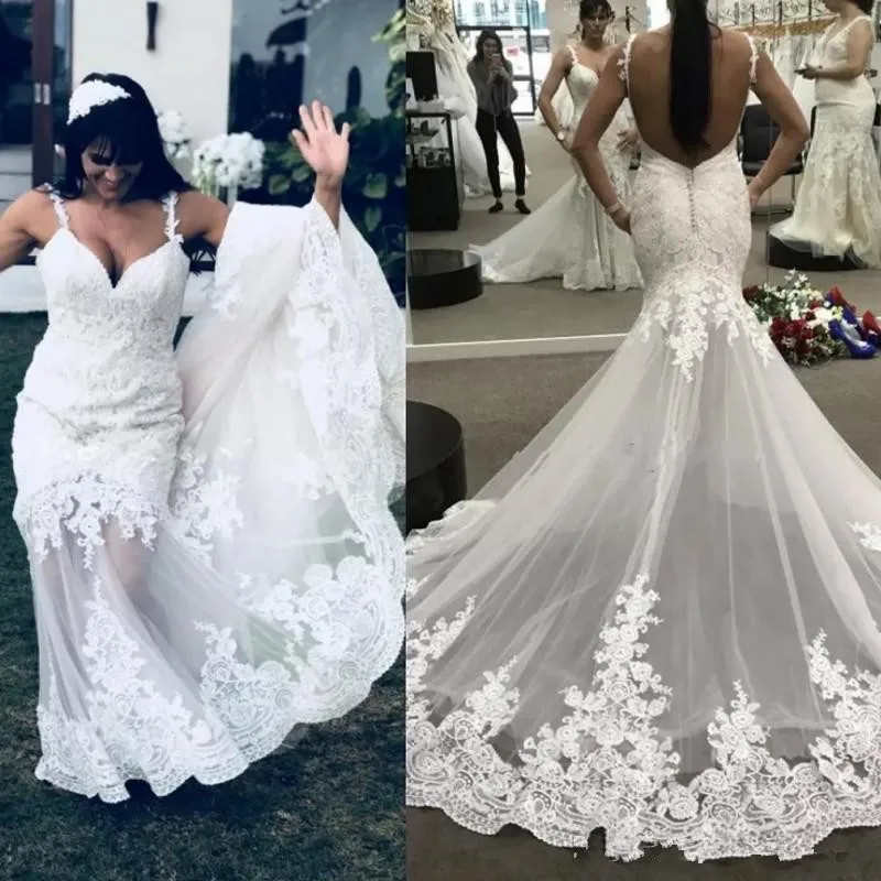 

Spaghetti Mermaid Wedding Dresses New Sleeveless Backless Lace Applique Sweetheart Formal Wedding Dress Bridal Gowns