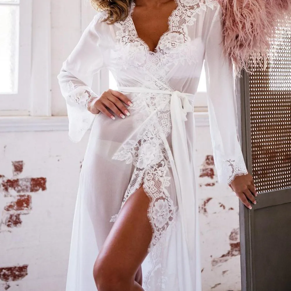 Женское сексуальное длинное кимоно кружевной банный халат нижнее белье ночная