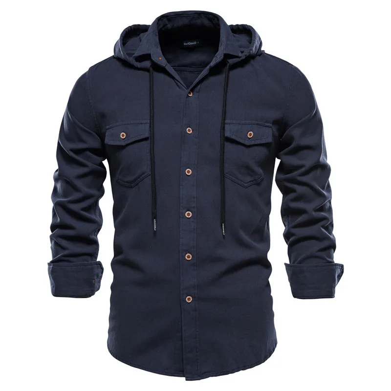 

2021 Spring Summer Hooded Shirt Men Fashion Casual Long Sleeve Shirts Solid Color Buttons Shirts Jackets Male Slim Fit HA252