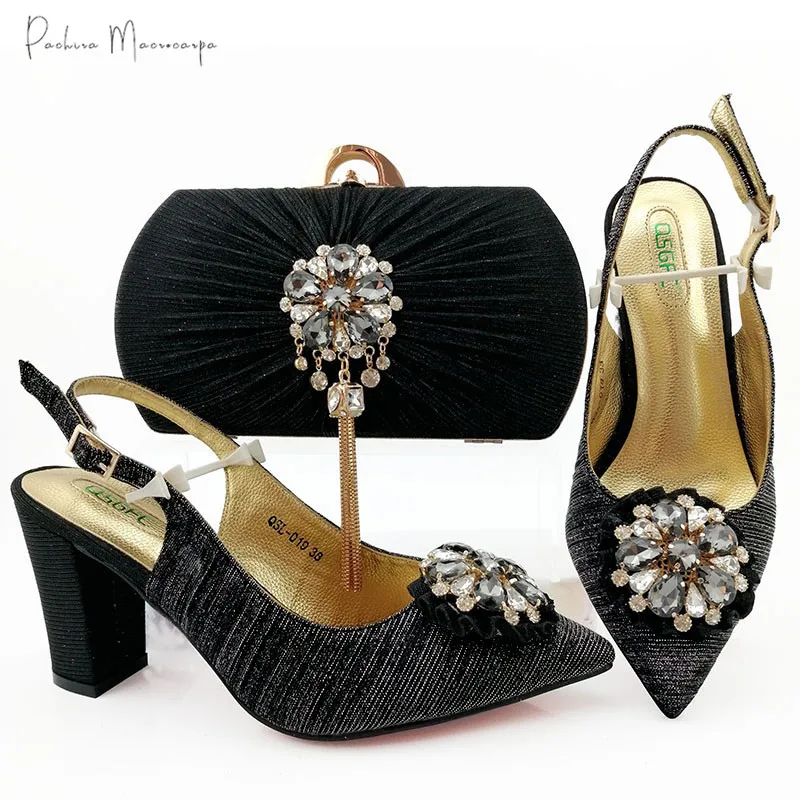 

Italian Design Lastest Black Color African Crystal Style Nigerian Women Shoes and Bag Set Decorated With Rhinestoe for Party