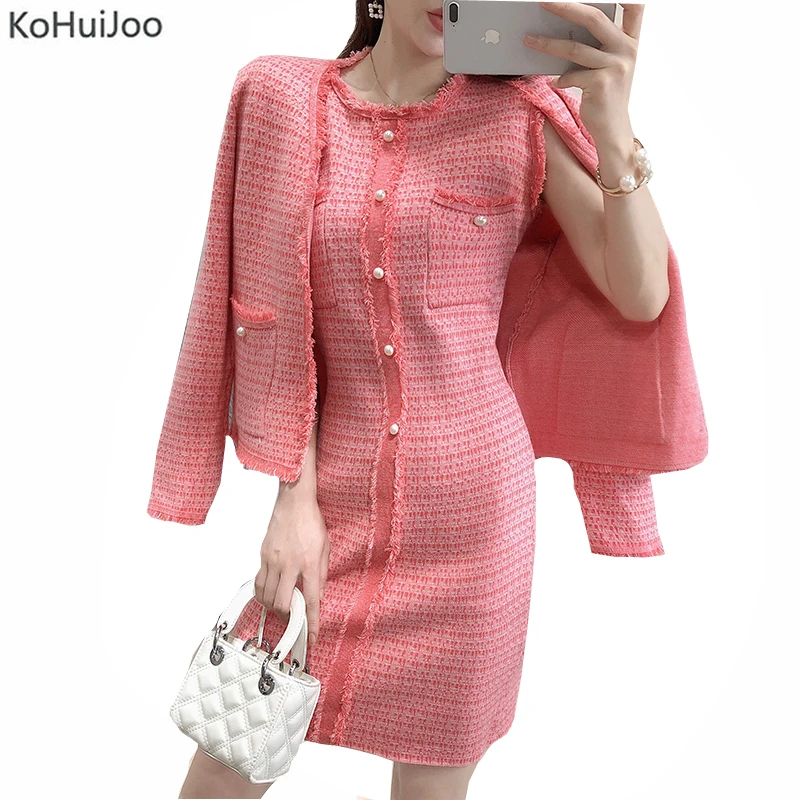 KoHuiJoo осеннее женское платье костюм элегантный бисерный вязаный короткий Блейзер и платье наборы из 2 предметов костюмы розовый