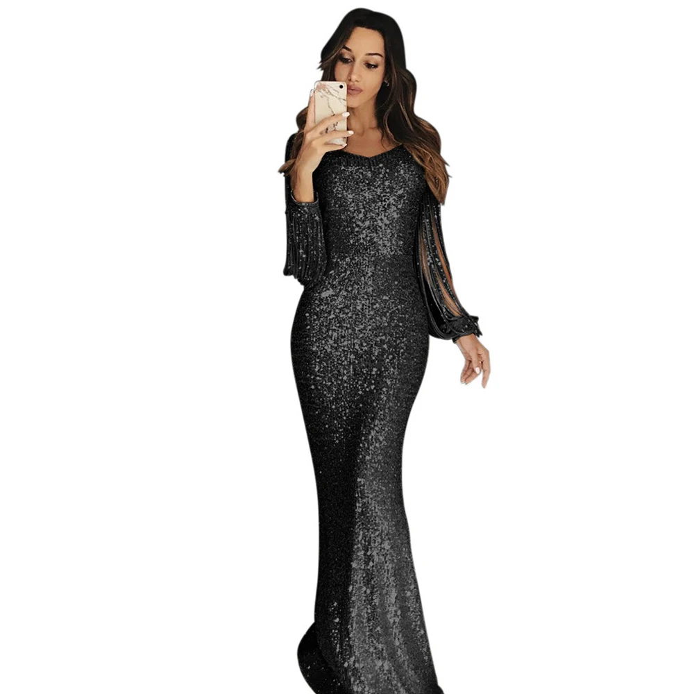 Осеннее Сексуальное Женское Платье с V-образным вырезом и длинным рукавом