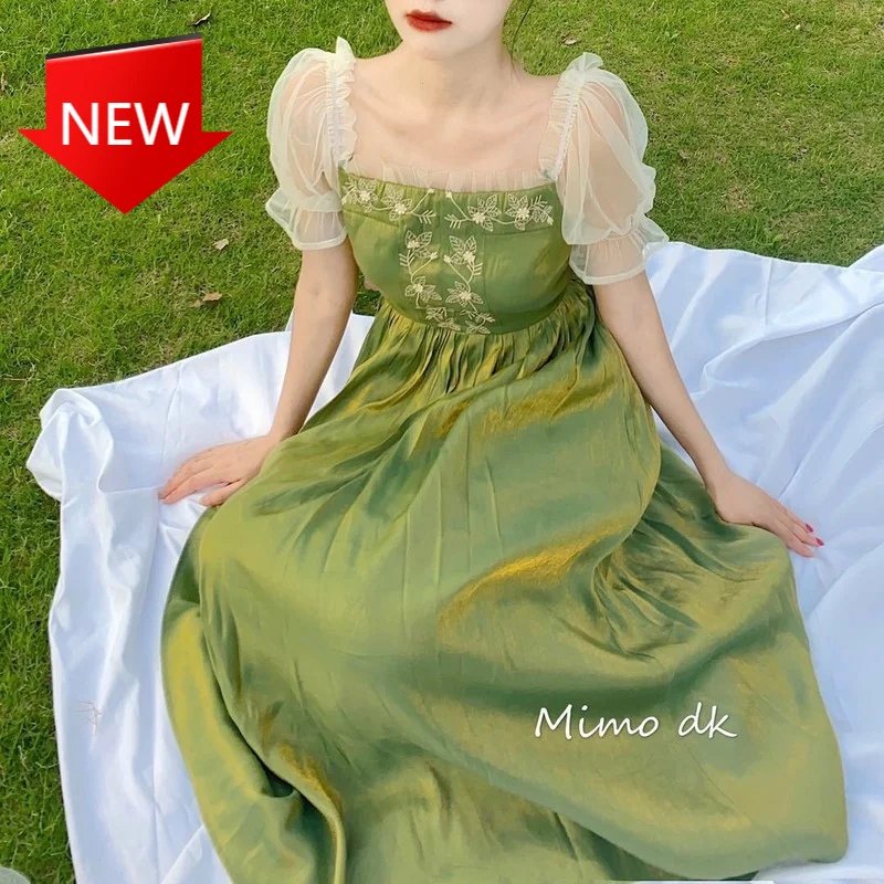 

korean fashion Summer Elegant Green Dress WomenSweet Dresses Princess Midi Short Sleeve Holiday Dresses 2021 French Vintage