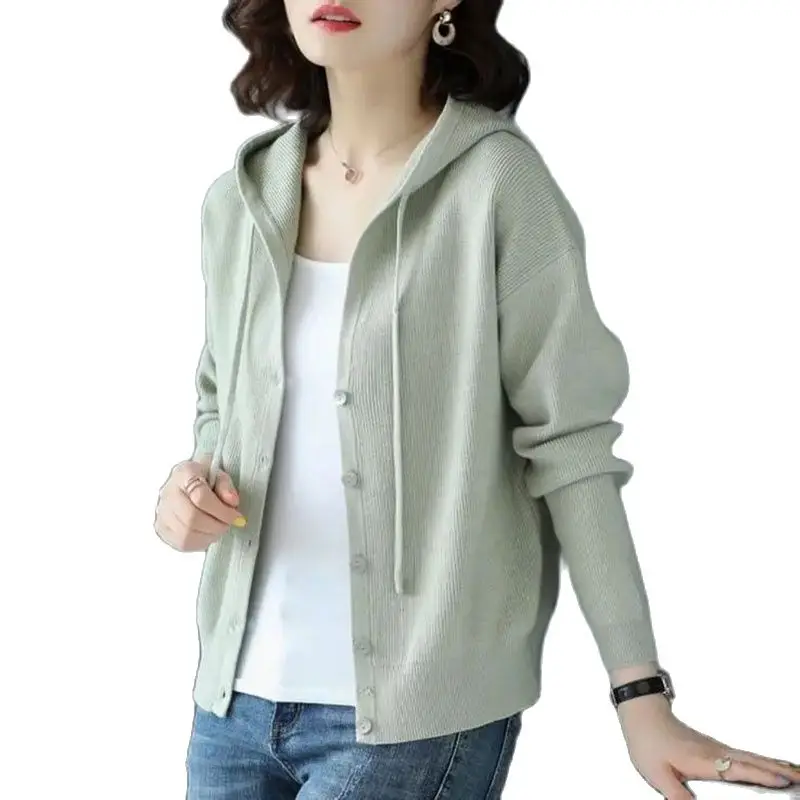 

Lazy Wind Hooded Women's Sweater Coat 2021 Spring Autumn New Casual Thin Top Female Knitwear Cardigan All-Match Ladies Jacket