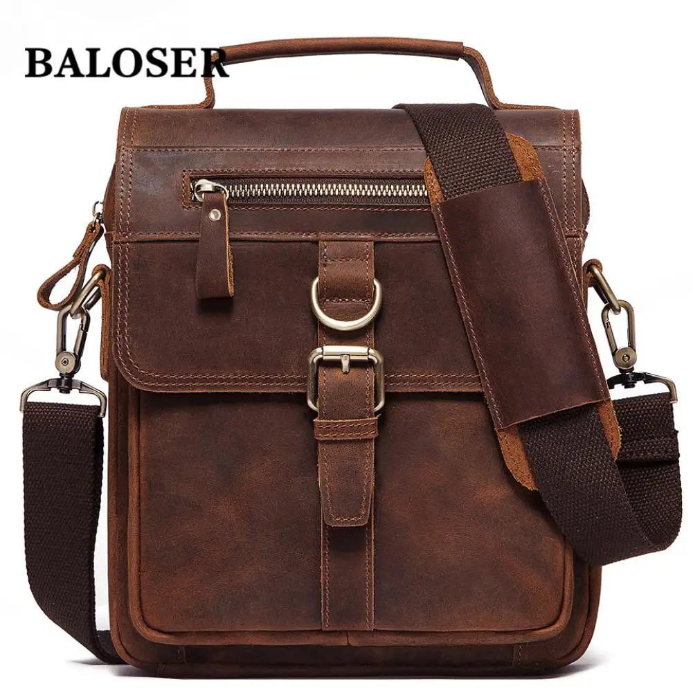BALOSER Crazy Horse Leather Men's Shoulder Bag Vintage Messenger Bags Male Bolsos Crossbody Bags Quality Man Handbag Travel Boys