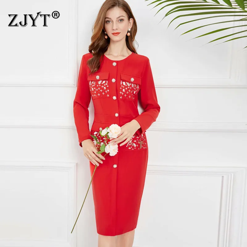 

Женское дизайнерское офисное платье, модельное красное платье миди с длинным рукавом и блестками, праздничное платье знаменитости, осень ...