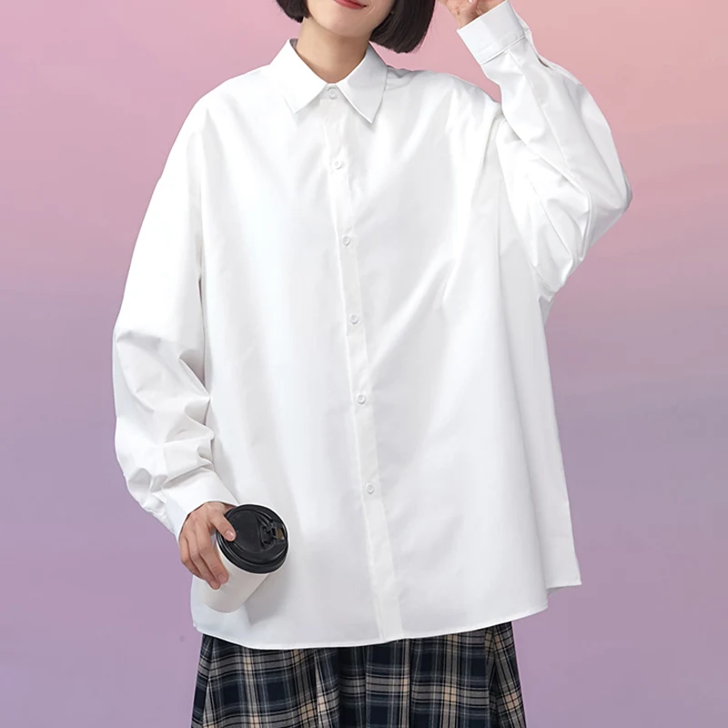 

Женская рубашка с длинным рукавом и отложным воротником, белая Базовая Повседневная рубашка оверсайз для девочек-подростков, женская Свобо...