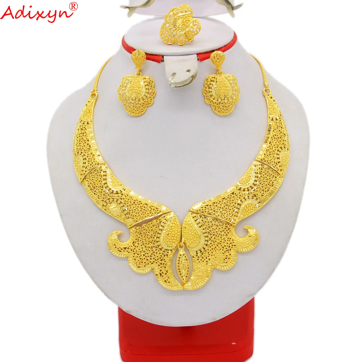 

Adixyn Dubai Jewelry Sets for Women 24k Gold Color Earrings Necklace Ring Set African Indian Wedding Jewelry Gifts N02216