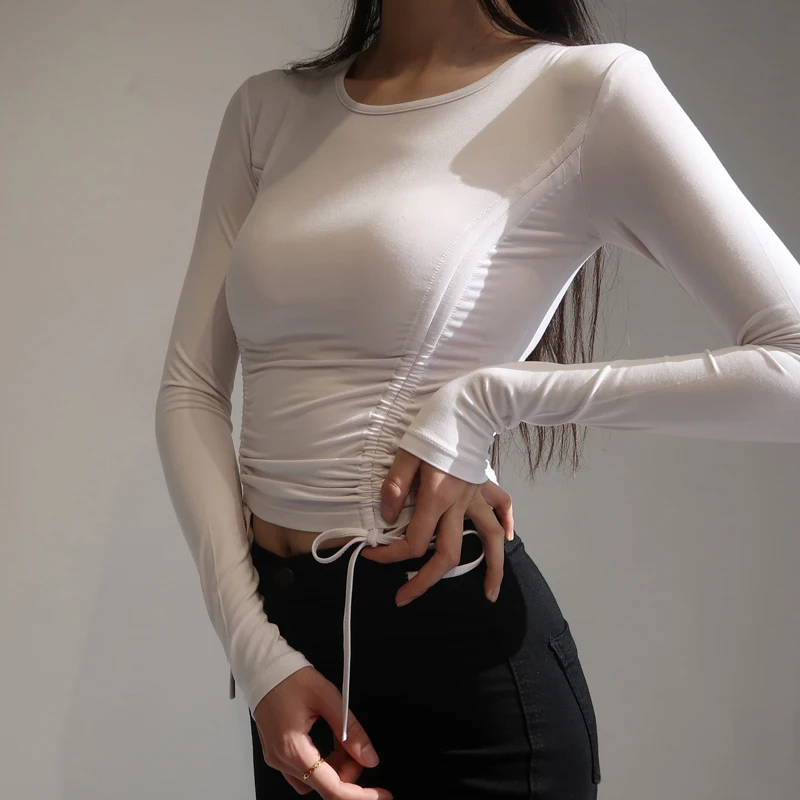 

Women Crew Neck Ruched Top With Drawstrings Long Sleeve T-shirt S912