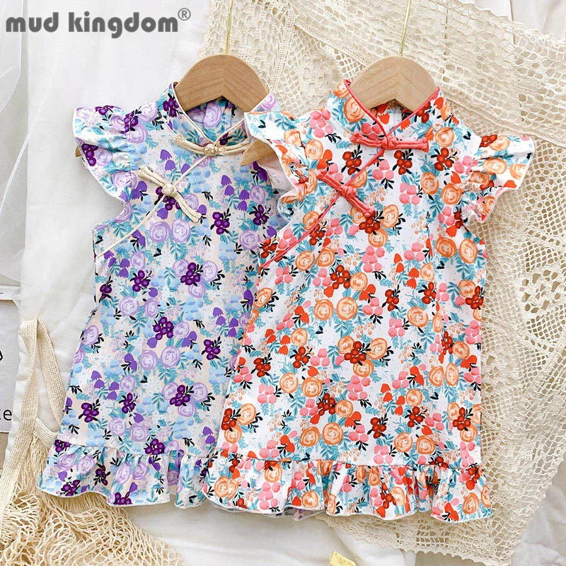 

Mudkingdom Girl Cheongsam Dress Chinese Style Print Sleeveless Ruched Buckle Clothes for Toddler Chiffon Vintage A-line Dresses